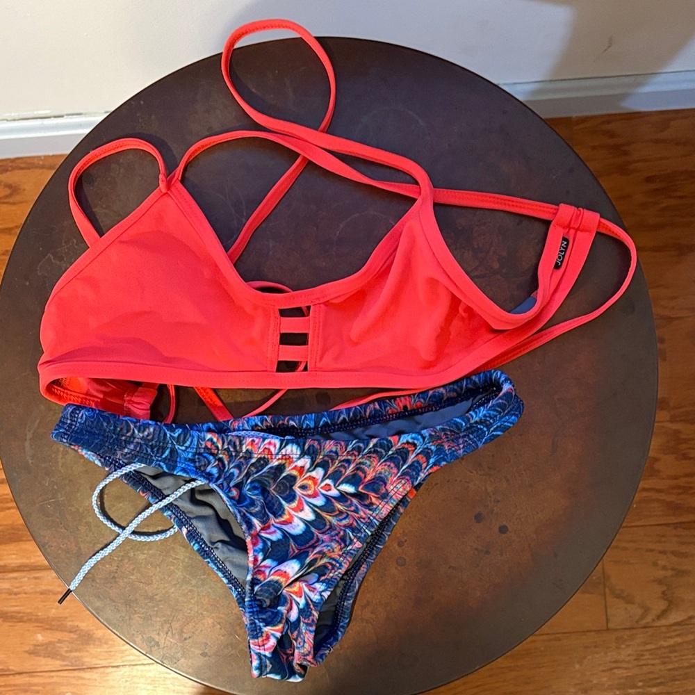 Jolyn Clothing Coral Red and Patterned Blue Bikini